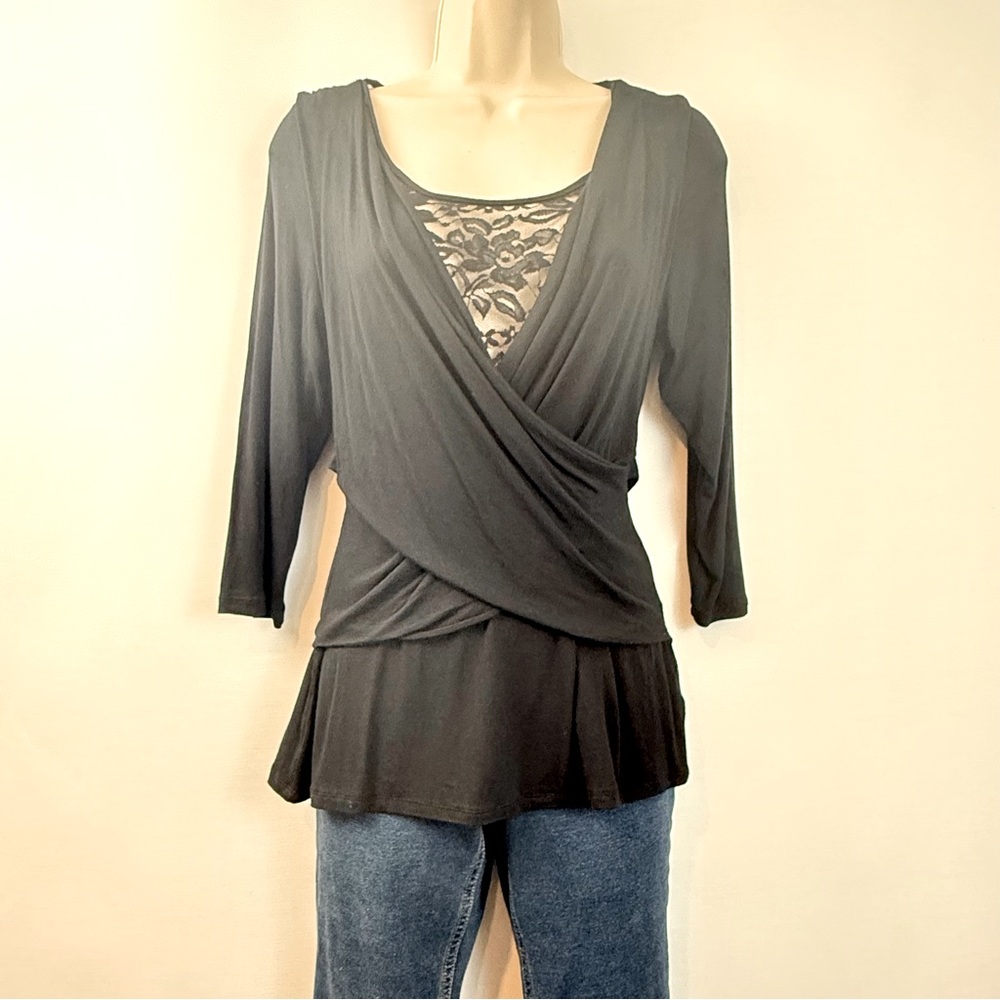 NY Collection Black Knit Criss Cross Lace Top